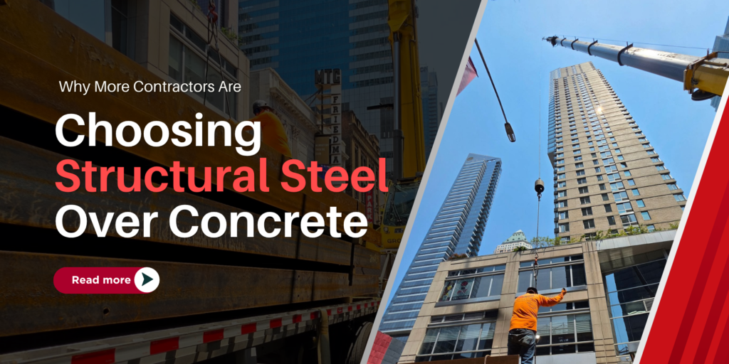 Structural steel beams being installed on a commercial construction project by Pro Steel Services, demonstrating why contractors choose structural steel over concrete for faster, stronger, and more efficient building solutions.